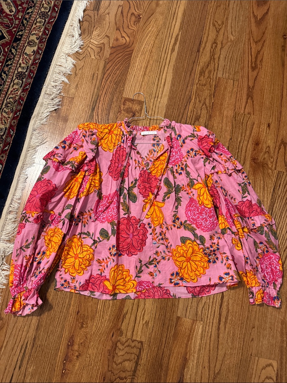 Karlie Pink Floral Puff-Sleeve Blouse with Yellow & Fuchsia Blooms